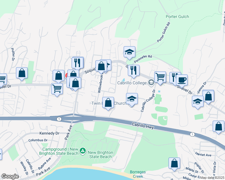 map of restaurants, bars, coffee shops, grocery stores, and more near 6315 Baseline Drive in Aptos