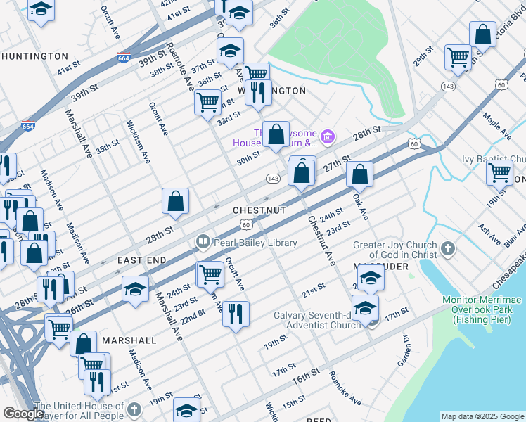 map of restaurants, bars, coffee shops, grocery stores, and more near 1111 26th Street in Newport News