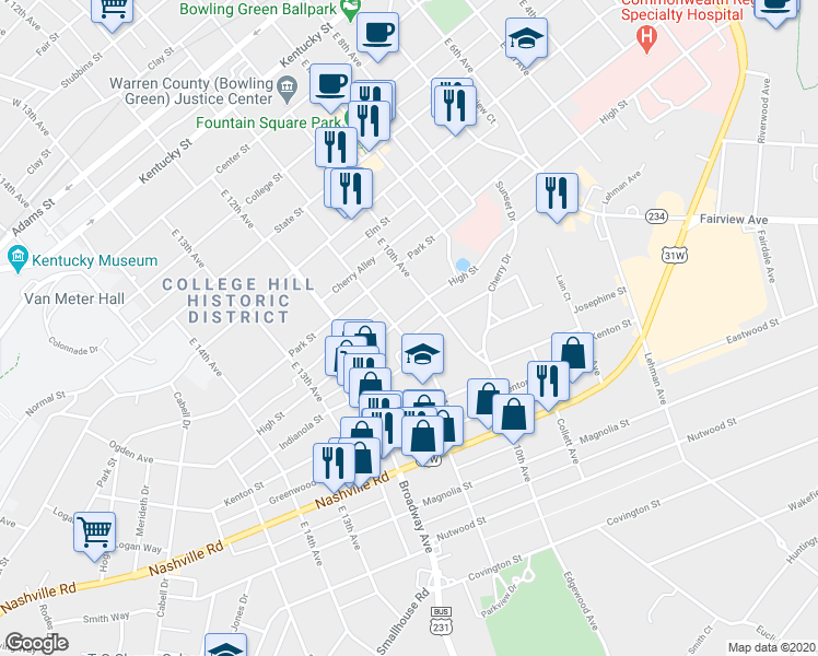 map of restaurants, bars, coffee shops, grocery stores, and more near 808 East 11th Avenue in Bowling Green