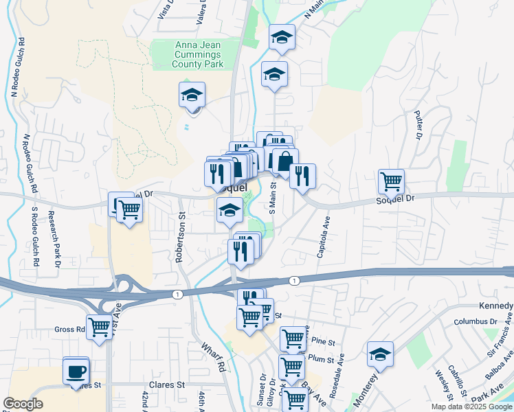 map of restaurants, bars, coffee shops, grocery stores, and more near 4800 River Street in Soquel