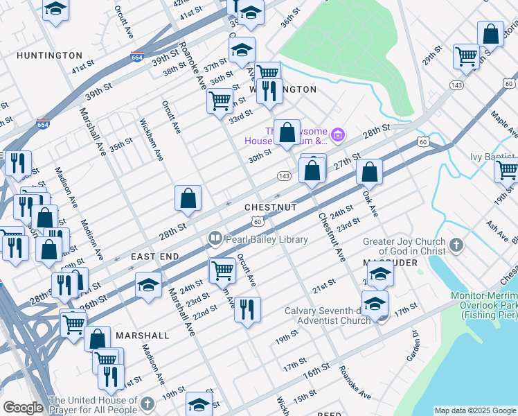 map of restaurants, bars, coffee shops, grocery stores, and more near 2615 Roanoke Avenue in Newport News