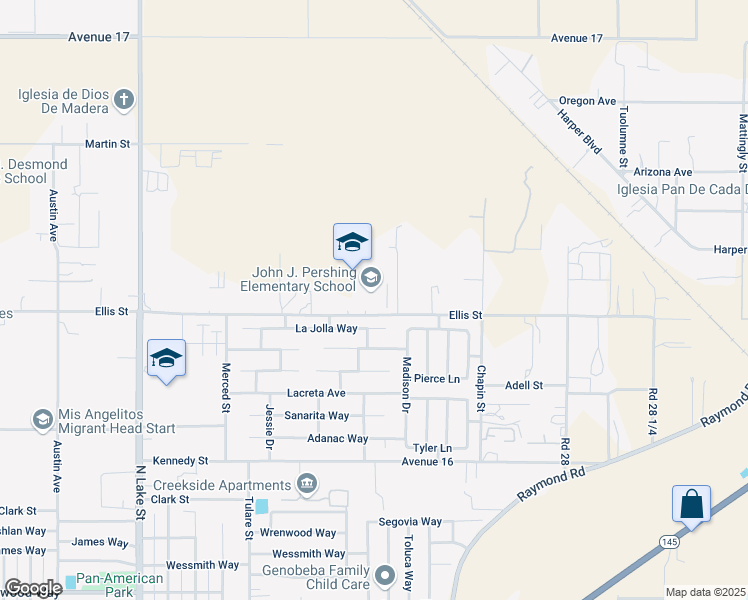 map of restaurants, bars, coffee shops, grocery stores, and more near 1505 Ellis Street in Madera