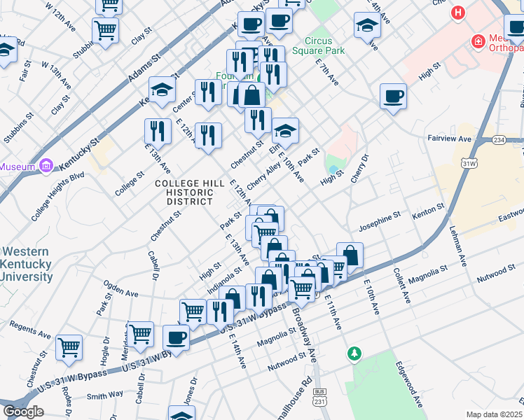 map of restaurants, bars, coffee shops, grocery stores, and more near 718 East 12th Avenue in Bowling Green