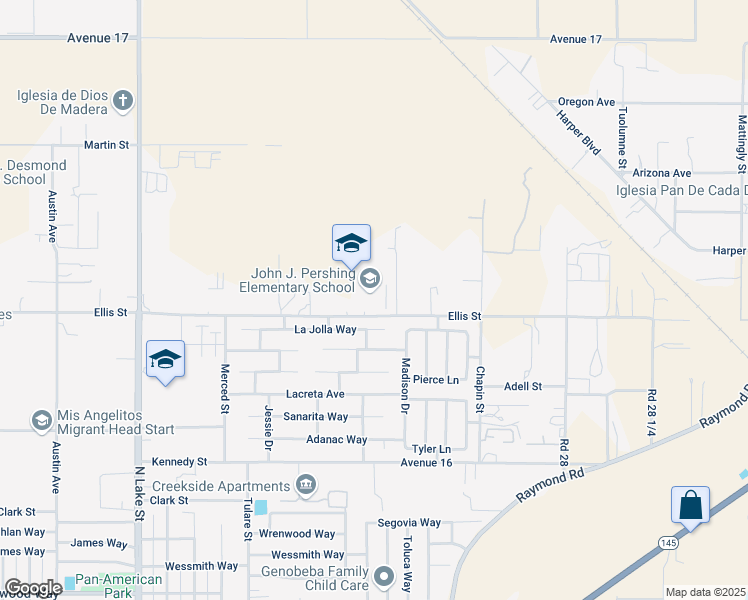 map of restaurants, bars, coffee shops, grocery stores, and more near 1505 Ellis Street in Madera