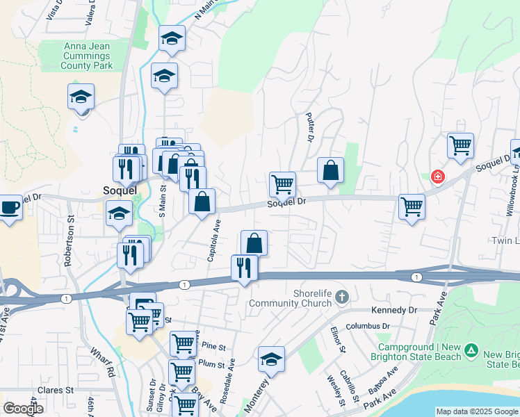 map of restaurants, bars, coffee shops, grocery stores, and more near 2826 Rosedale Avenue in Soquel