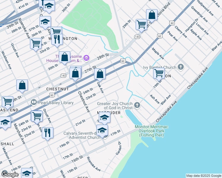map of restaurants, bars, coffee shops, grocery stores, and more near 2129 Garner Terrace in Newport News