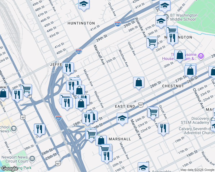 map of restaurants, bars, coffee shops, grocery stores, and more near 744 31st Street in Newport News