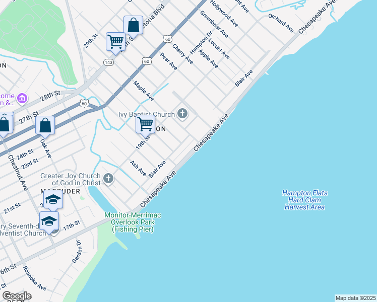 map of restaurants, bars, coffee shops, grocery stores, and more near 343 Chesapeake Avenue in Newport News