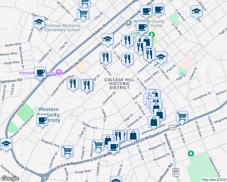 map of restaurants, bars, coffee shops, grocery stores, and more near 1332 Chestnut Street in Bowling Green