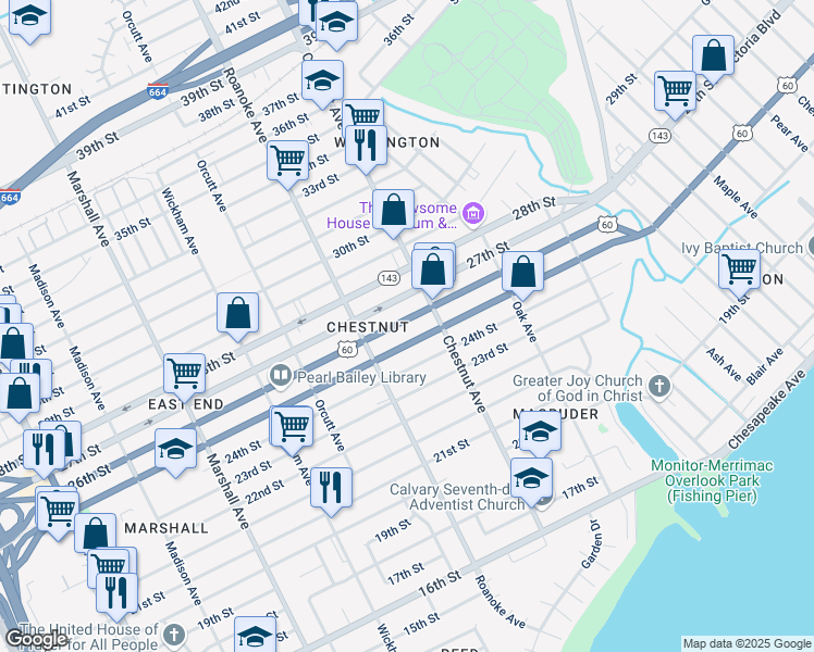 map of restaurants, bars, coffee shops, grocery stores, and more near 1138 26th Street in Newport News