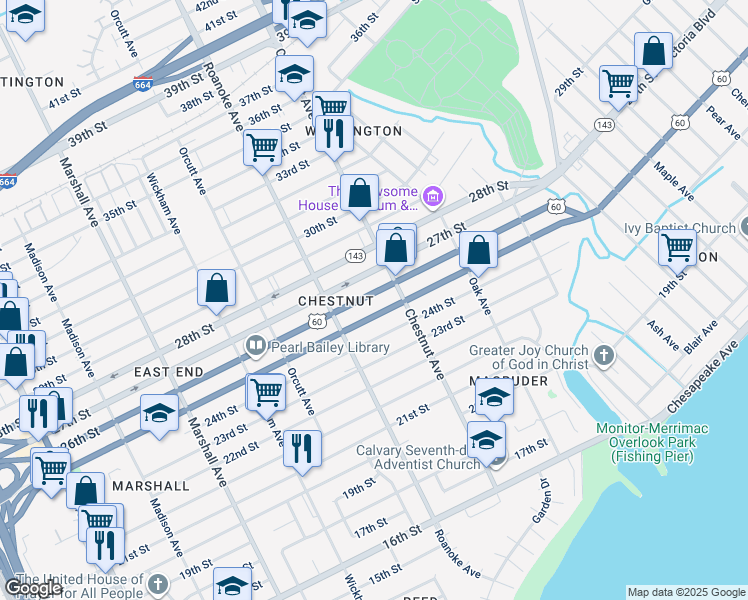 map of restaurants, bars, coffee shops, grocery stores, and more near 1140 26th Street in Newport News