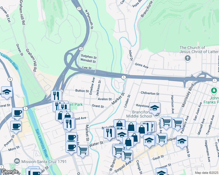 map of restaurants, bars, coffee shops, grocery stores, and more near 218 Brookside Avenue in Santa Cruz