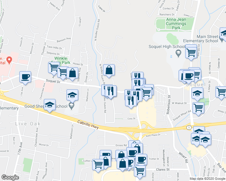 map of restaurants, bars, coffee shops, grocery stores, and more near 3550 Soquel Drive in Soquel
