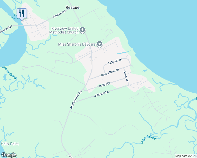map of restaurants, bars, coffee shops, grocery stores, and more near 22440 James River Drive in Carrollton