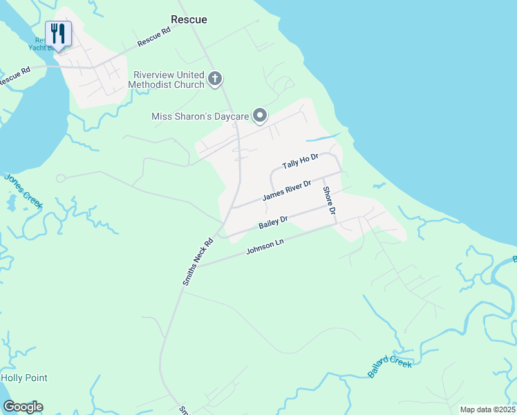 map of restaurants, bars, coffee shops, grocery stores, and more near 22440 James River Drive in Carrollton