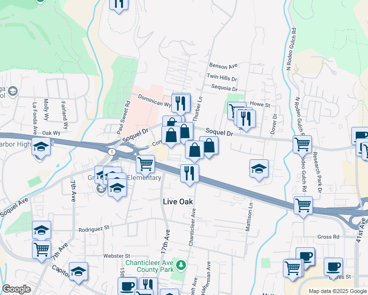map of restaurants, bars, coffee shops, grocery stores, and more near 2636 17th Avenue in Santa Cruz