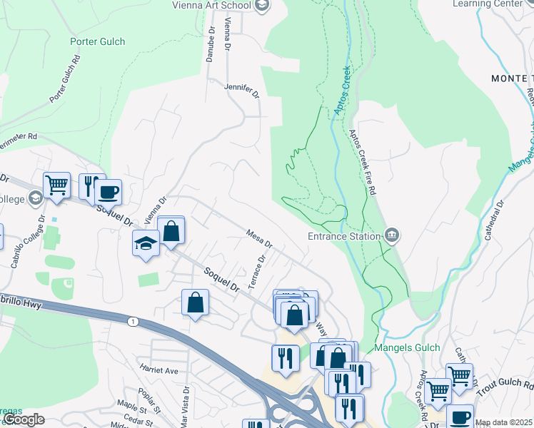 map of restaurants, bars, coffee shops, grocery stores, and more near 7330 Viewpoint Road in Aptos
