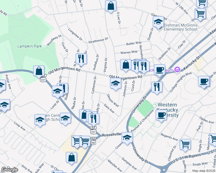 map of restaurants, bars, coffee shops, grocery stores, and more near 601 Mcelwain Court in Bowling Green