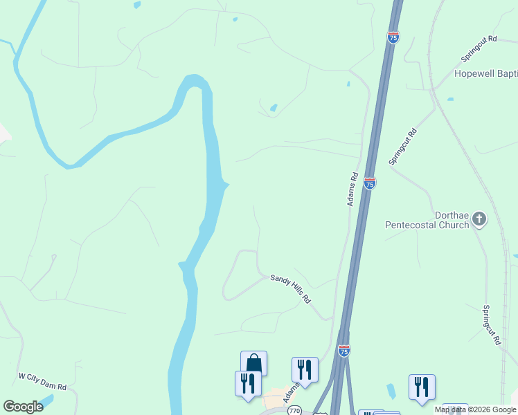 map of restaurants, bars, coffee shops, grocery stores, and more near 542 Sandy Hills Road in Corbin
