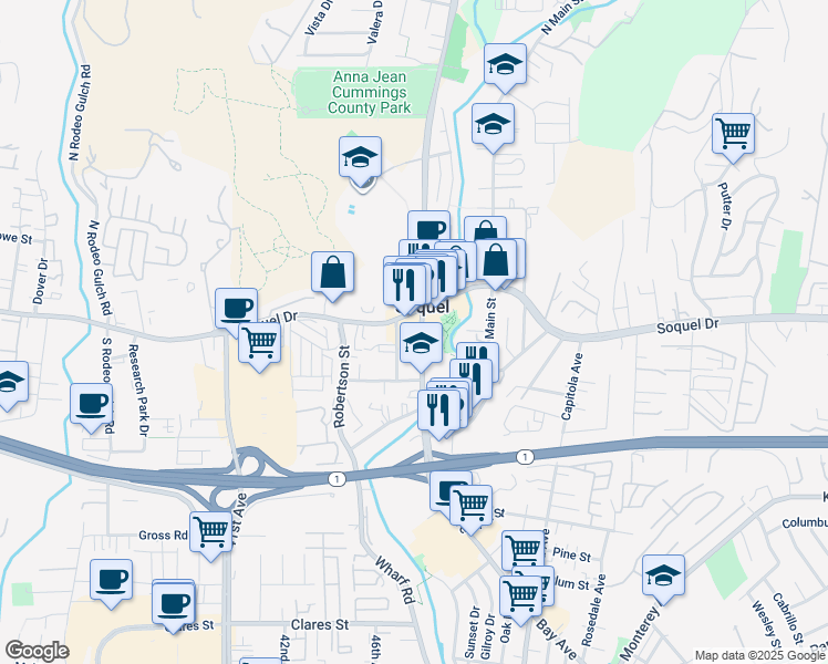 map of restaurants, bars, coffee shops, grocery stores, and more near 2815 Porter Street in Soquel