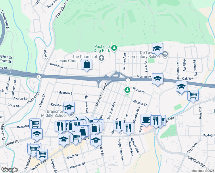 map of restaurants, bars, coffee shops, grocery stores, and more near 452 Morrissey Boulevard in Santa Cruz