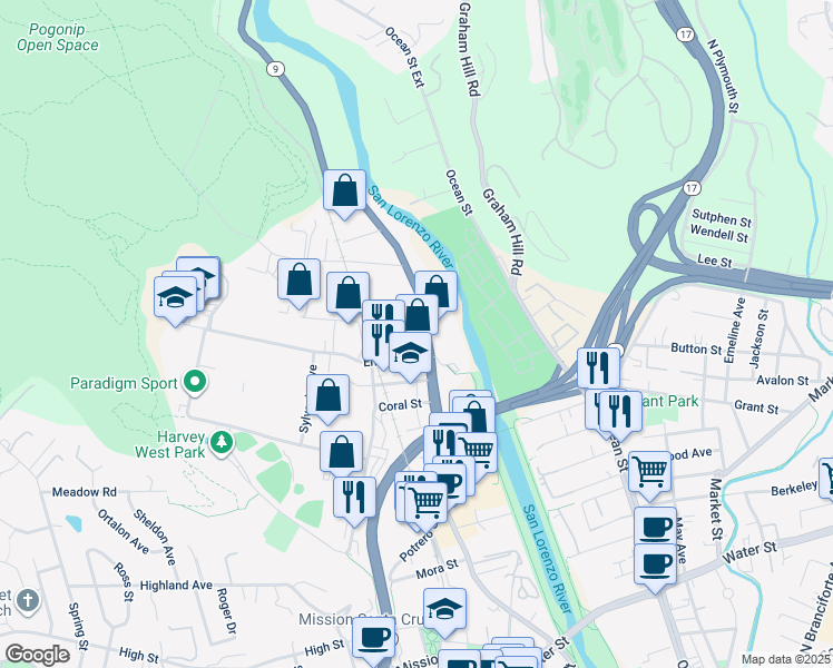 map of restaurants, bars, coffee shops, grocery stores, and more near 120 Encinal Street in Santa Cruz