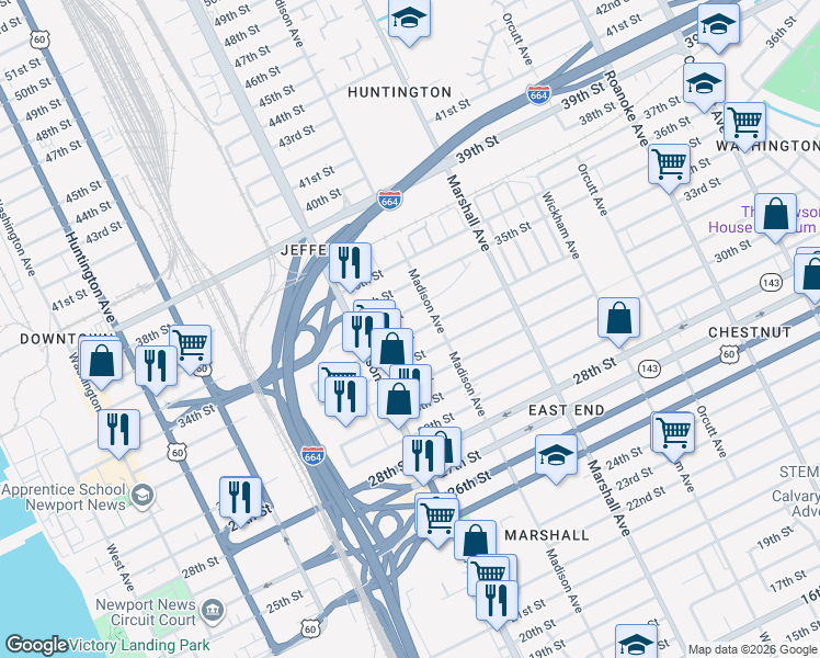 map of restaurants, bars, coffee shops, grocery stores, and more near 653 32nd Street in Newport News