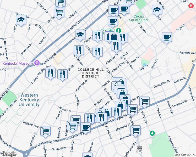 map of restaurants, bars, coffee shops, grocery stores, and more near 627 East 13th Avenue in Bowling Green