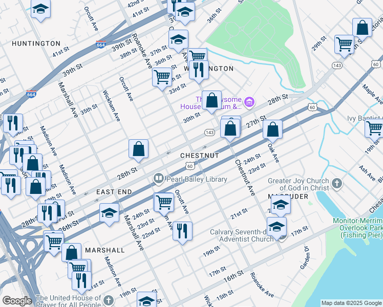 map of restaurants, bars, coffee shops, grocery stores, and more near 2701 Roanoke Avenue in Newport News