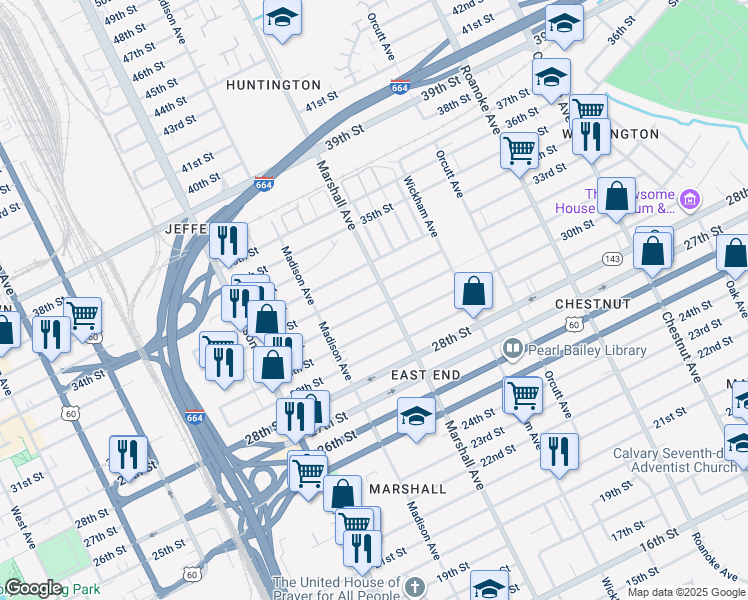 map of restaurants, bars, coffee shops, grocery stores, and more near 755 31st Street in Newport News