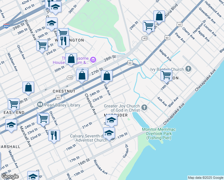 map of restaurants, bars, coffee shops, grocery stores, and more near 1311 23rd Street in Newport News