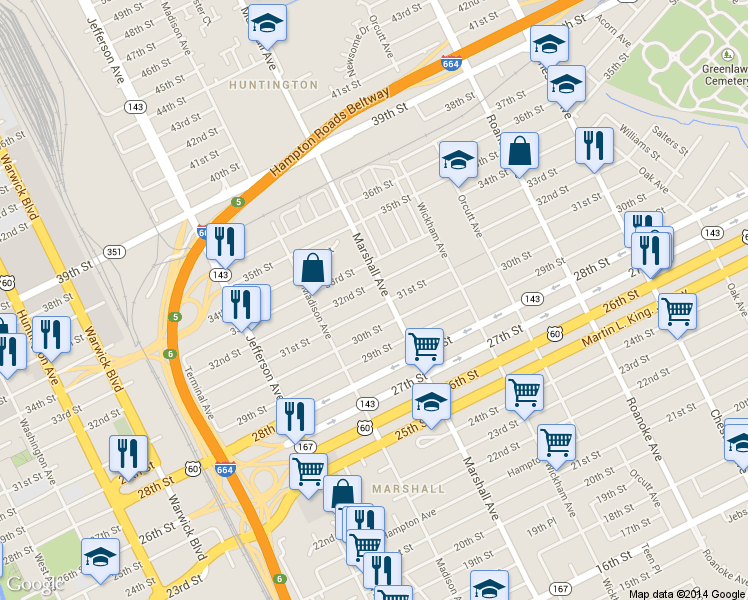 map of restaurants, bars, coffee shops, grocery stores, and more near 755 31st Street in Newport News