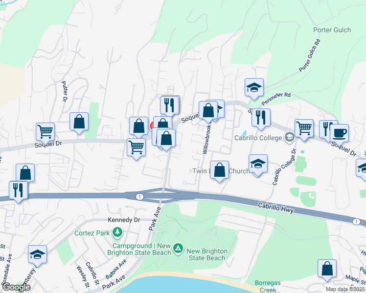 map of restaurants, bars, coffee shops, grocery stores, and more near 46 Sears Circle in Soquel