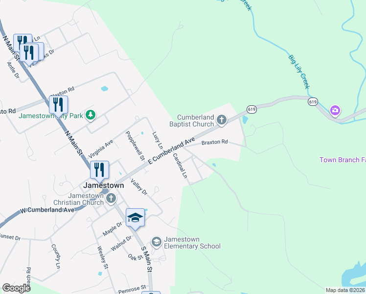 map of restaurants, bars, coffee shops, grocery stores, and more near 191 Braxton Road in Jamestown