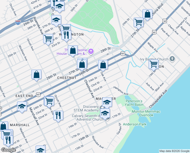 map of restaurants, bars, coffee shops, grocery stores, and more near 1235 24th Street in Newport News