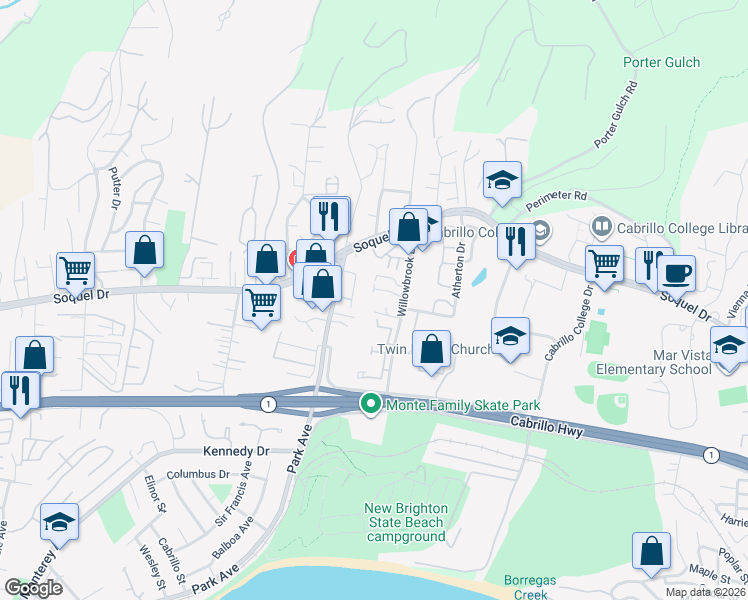 map of restaurants, bars, coffee shops, grocery stores, and more near 6115 Abbey Road in Aptos