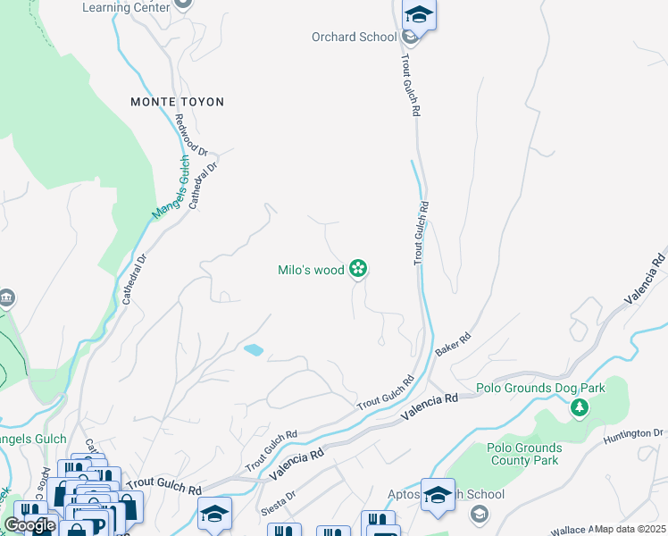 map of restaurants, bars, coffee shops, grocery stores, and more near 825 Skyward Drive in Aptos