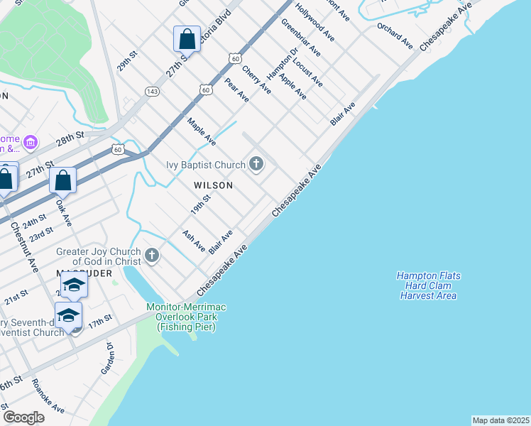 map of restaurants, bars, coffee shops, grocery stores, and more near 343 Chesapeake Avenue in Newport News