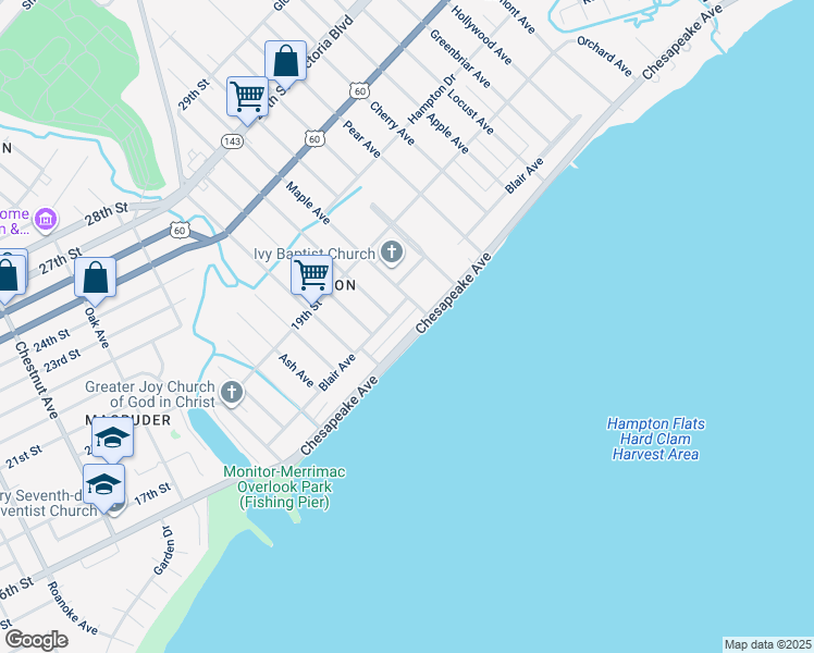 map of restaurants, bars, coffee shops, grocery stores, and more near 343 Chesapeake Avenue in Newport News