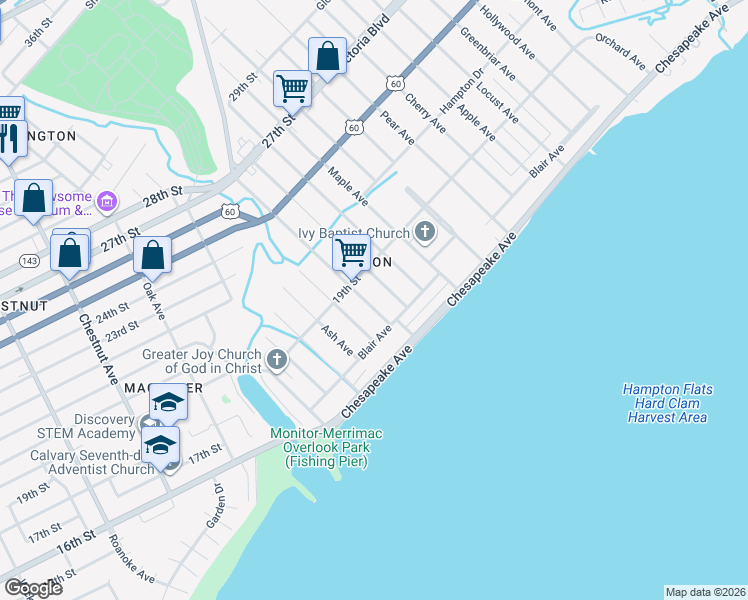 map of restaurants, bars, coffee shops, grocery stores, and more near 41 Buxton Avenue in Newport News