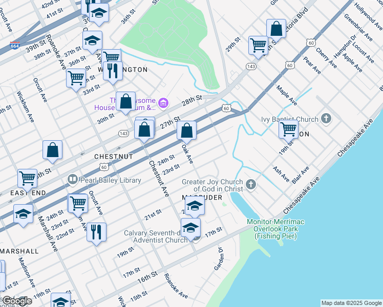 map of restaurants, bars, coffee shops, grocery stores, and more near 2212 Oak Avenue in Newport News