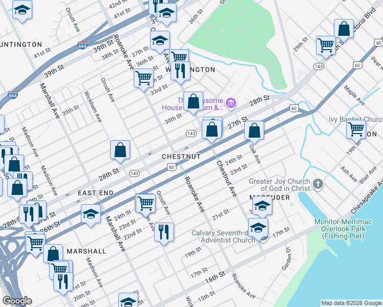 map of restaurants, bars, coffee shops, grocery stores, and more near 1120 26th Street in Newport News