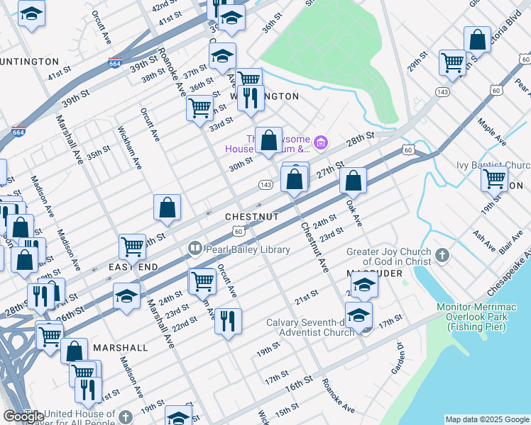 map of restaurants, bars, coffee shops, grocery stores, and more near 1120 26th Street in Newport News