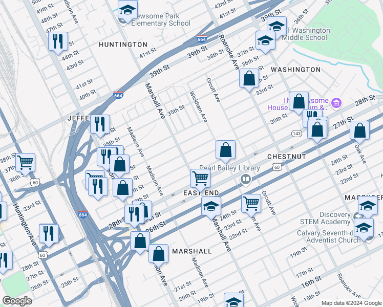 map of restaurants, bars, coffee shops, grocery stores, and more near 816 31st Street in Newport News