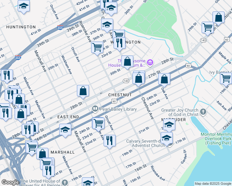map of restaurants, bars, coffee shops, grocery stores, and more near 2701 Roanoke Avenue in Newport News