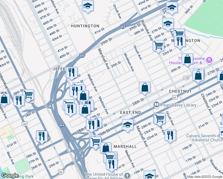 map of restaurants, bars, coffee shops, grocery stores, and more near 744 32nd Street in Newport News