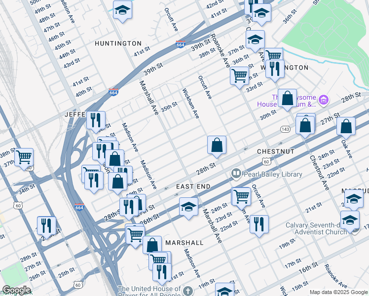 map of restaurants, bars, coffee shops, grocery stores, and more near 816 31st Street in Newport News