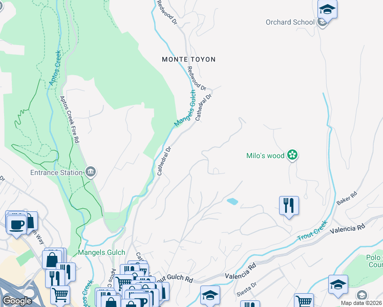 map of restaurants, bars, coffee shops, grocery stores, and more near 625 Quail Run Road in Aptos