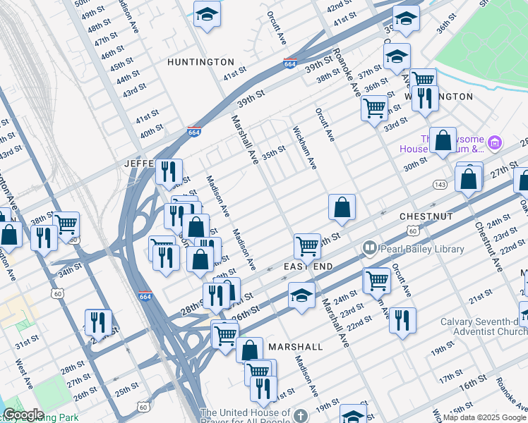 map of restaurants, bars, coffee shops, grocery stores, and more near 744 32nd Street in Newport News