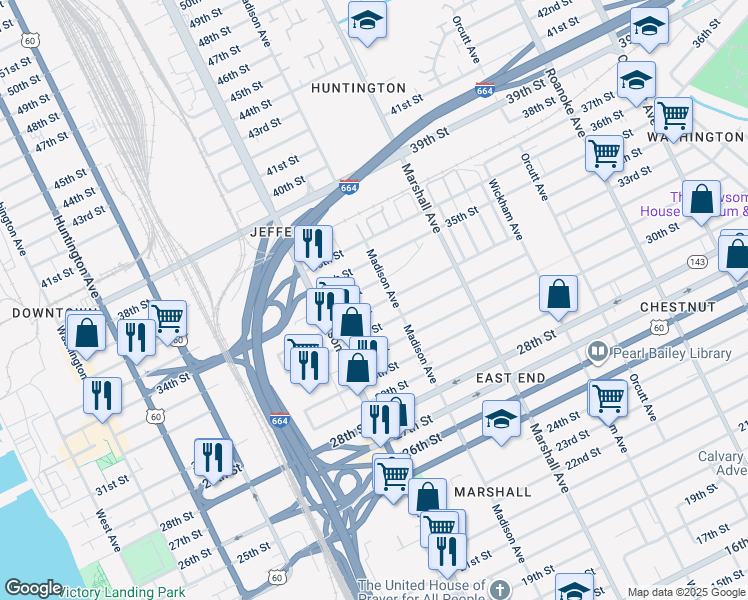 map of restaurants, bars, coffee shops, grocery stores, and more near 651 33rd Street in Newport News